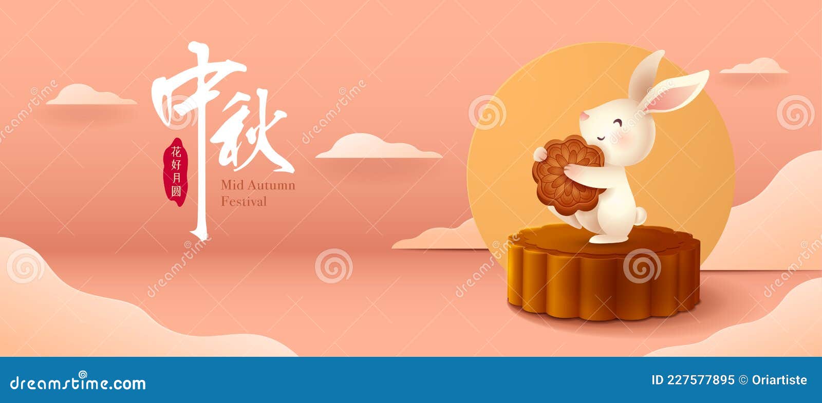 3d  of mid autumn mooncake festival theme with cute rabbit character on mooncake podium on paper graphic oriental clou